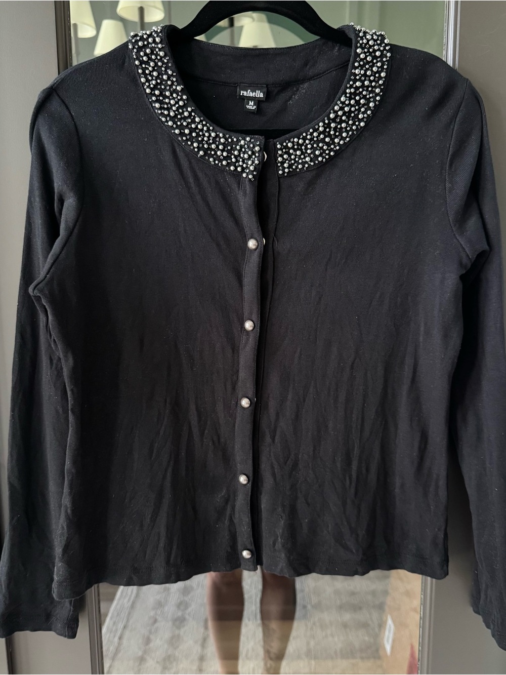 Rafaella 100% Cotton Black Beaded Pearl Collar Button-Down Cardigan Festive Fall